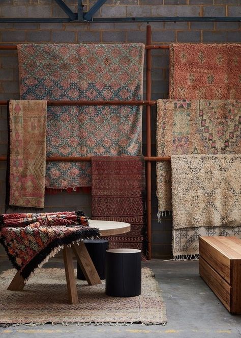 Carpet Store Design, Rug Display, Moroccan Rug Living Room, Carpet Store, Moroccan Style Interior, Rugs Australia, Carpet Stores, Moroccan Interiors, Jaipur Rugs