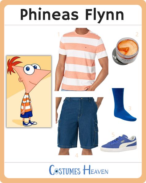 Try out the Phineas Flynn costume to keep the Phineas and Ferb theme going for Halloween. Follow our guide to become this creative triangle-headed boy genius easily. #PhineasFlynn #PhineasandFerb #cosplay #halloweencostume #costumesheaven Phineas And Ferb Trunk Or Treat, Disney Men Costumes, Finneas And Ferb Costume, Phineas Y Ferb Disfraz, Phineas And Ferb Cosplay, Flynn Costume, Phineas And Ferb Costume, Phineas Flynn, Disney Cosplay Costumes