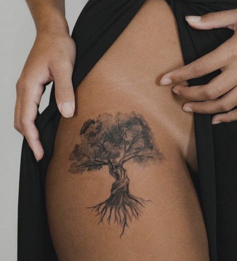 Tree Tattoo On Shoulder For Women, Flowers And Roots Tattoo, Tree On Leg Tattoo, Olive Tree Tattoo Men, Tree Tattoo Designs Men, Tree Tattoo Sketch, Tree With Roots Tattoo, 2024 Checklist, Maple Tree Tattoo