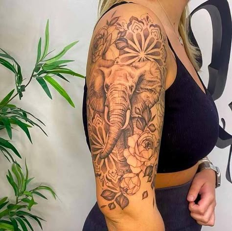 Woman Elephant Tattoo, Feminine Thigh Tattoos Elephant, Standing Elephant Tattoo, Thigh Elephant Tattoo Women, Mandala Elephant Tattoo Sleeve, Elephant Upper Arm Tattoo, Upper Arm Elephant Tattoos For Women, Elephant Tattoos On Arm, Elephant Tattoos Shoulder