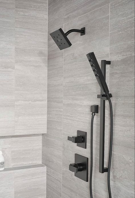 Delta Faucet Ara 3-Setting Matte Black Shower System Including Black Shower Head, Slide Bar Handh... Delta Shower System With Handheld, Matte Black Shower Fixtures, Black Shower Fixtures, Black Shower System, Shower System With Handheld, Black Shower Faucet, Shower Renovation, Master Bath Shower, Full Bathroom Remodel