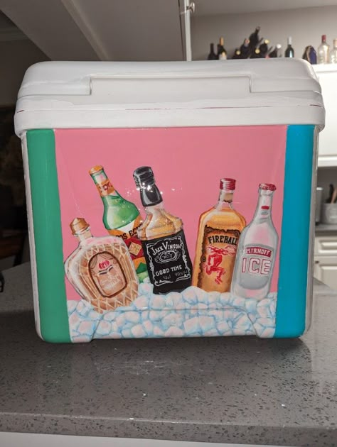 Ato Cooler Ideas, Frat Ice Chest Cooler Painting, Ice Chest Ideas Diy Cooler Painting, Inside Frat Cooler, Unique Frat Cooler Ideas, Sorority Coolers Painted, Decorated Coolers Fraternity, Painted Frat Cooler Ideas, Girly Painted Cooler