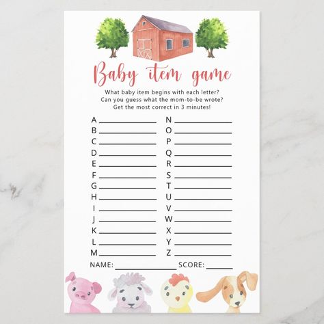 Farm - Baby Item Game. Baby Shower Game Barnyard Baby Shower Ideas, Farm Baby Shower Theme, Baby Animal Baby Shower, Farm Animals Invitations, Pig Baby Shower, Farm Watercolor, Animal Invitation, Dog Farm, Boy Baby Shower Decor