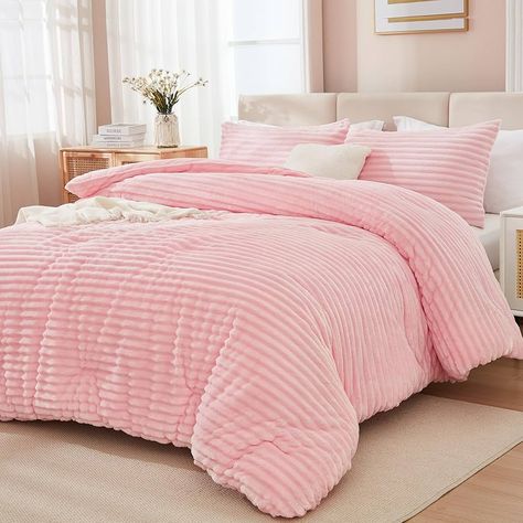 Amazon.com: Andency Fluffy Queen Comforter Set, Super Soft White Comforter Queen, Winter Warm Fleece Faux Fur Bedding Set, Luxury Plush Fuzzy Bed Set 3 Pieces (1 Shaggy Comforter, 2 Pillowcases) : Home & Kitchen King Sized Comforter Sets, Pink Fluffy Bedding, Bedding Sets Pink, Pink Bed Set Ideas, Preppy Bed Comforter, Pink Bedsheets Ideas, Bed Comforter Sets Pink, Pink College Bedroom, Pink Sheets Aesthetic