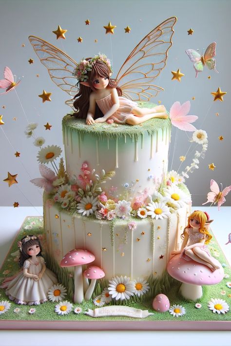 Unique Birthday Cake Ideas, Butterfly Theme Cake, Garden Birthday Cake, Unique Birthday Cake, Fairy Theme Birthday Party, Fairy Garden Cake, Fairy Birthday Cake, Cake Designs For Girl