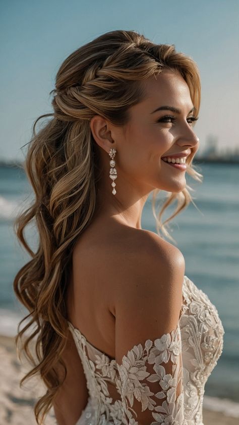 Long Hair Half Up Half Down Braid, Long Hair Down Bridal Hairstyles, Beach Braid Wedding Hair, Wedding Hairstyles To One Side, Half Up And Half Down Wedding Hairstyles, Half Up Braided Wedding Hairstyles, Wedding Hair Bride Half Up, Hairstyles For Wedding Half Up Half Down, Wedding Hairstyles With Headband Half Up