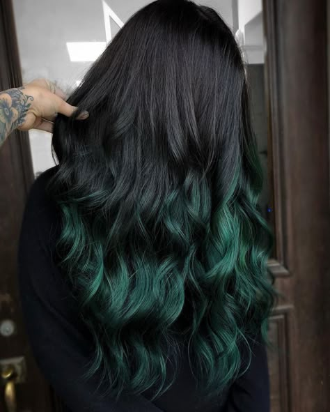 Dark Green Tips Hair, Green Balyage Long Hair, Green Hair Ideas For Brunettes, Lunar Tides Juniper Green, Emerald Green Ombre Hair, Goth Green Hair, Green With Black Hair, Black Hair With Green Highlights, Deep Green Hair