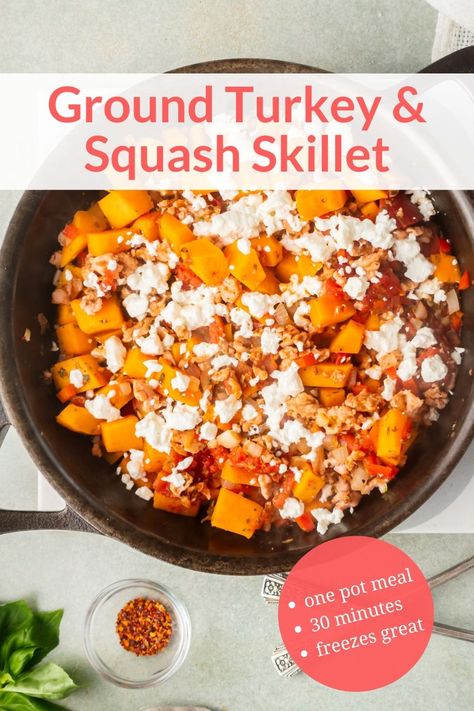 This delicious one pan meal is packed with lean ground turkey, butternut squash, tomatoes, and spices! It's easy to make, filling, and tastes incredible. #dinner #freezerfriendly #kidfriendly #makeahead #quickandeasy #groundturkey #butternutsquash #onepotmeal Ground Chicken And Butternut Squash, Butternut Squash With Ground Turkey, Turkey Butternut Squash Skillet, Ground Turkey And Butternut Squash Meals, Ground Turkey Butternut Squash Skillet, Butternut Squash And Ground Turkey, Butternut Squash Ground Turkey, Ground Turkey And Butternut Squash, Ground Turkey And Sweet Potato Recipe