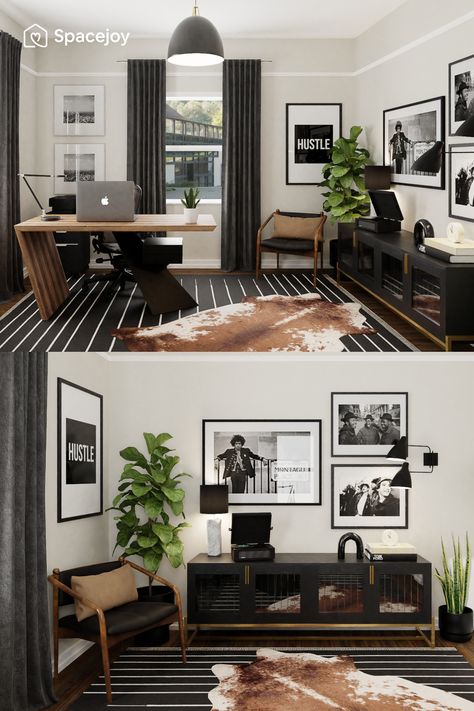 Bedroom Office Ideas Men, Black Office Inspiration, Office Decor For Man, Mens Work Office Decor, Light Masculine Office, Black Office Furniture Decor, Black Modern Office Design, Men Office Decor At Work, Unisex Office Decor