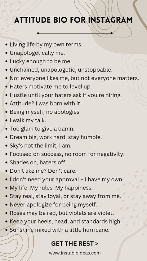 Best Ig Bios Ideas, Chaotic Bio Ideas, Some Attitude Quotes, Bio For Instagram Unique Attitude, Impressive Bios For Instagram, Egoistic Bio For Instagram, Self Love Attitude Captions, Aesthetic Words To Use In Bio, Crazy Bio Ideas