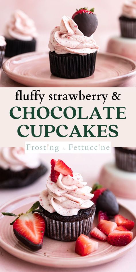 These homemade chocolate cupcakes with strawberries have a moist chocolate cake and are topped with a bright strawberry buttercream frosting. Garnish them with fresh strawberries or chocolate covered strawberries. You'll love this fun chocolate cupcake recipe with strawberry frosting! Chocolate Dipped Strawberry Cupcakes, Chocolate Cupcake With Buttercream Frosting, Dark Chocolate Strawberry Cupcakes, Tasty Cupcakes Recipes, Chocolate Strawberry Cupcake Recipe, Strawberry Filled Chocolate Cupcakes, Neopolitan Cupcakes Recipe, Strawberry Blueberry Cupcakes, Chocolate And Strawberry Cupcakes