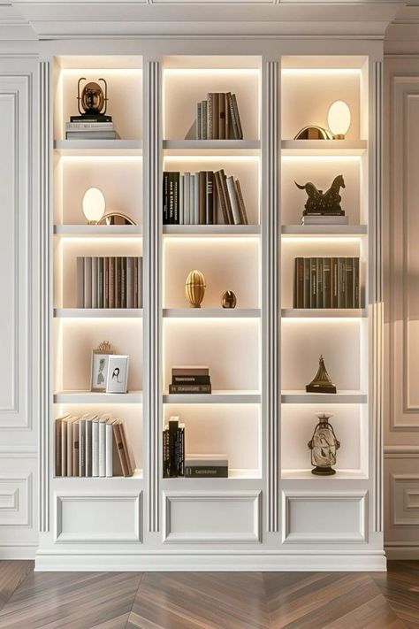 Light In Bookshelf, Decoration For Shelves, Bookshelf Interior Design, Office Shelving Decor, Classy Bookshelves, Classic Library Design, Shelves Design Wall, Library Ideas For Home, Classic Home Library