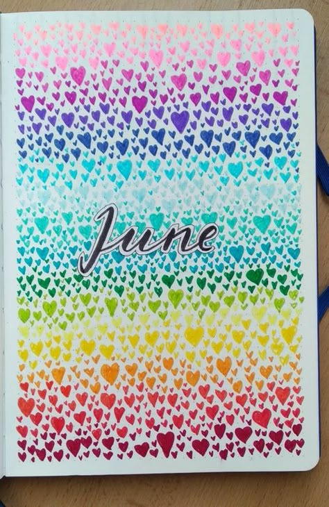 My rainbow cover page for June : bulletjournal Rainbow Bullet Journal, Month Inspiration, Bullet Journal Month, Bulletin Journal, Bullet Journal Cover Ideas, Art Journal Prompts, Bullet Journal Mood Tracker Ideas, Bulletin Journal Ideas, Bullet Journal Spreads