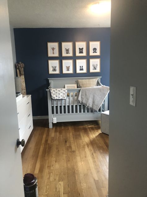 Slate blue accent wall for boys nursery Dark Blue Accent Wall Nursery, Blue Accent Wall Boys Room, Gray Crib Nursery Color Schemes, Slate Blue Accent Wall, Dark Blue Nursery Boy, Navy Blue Accent Wall Nursery, Grey Crib Nursery, Dark Blue Nursery, Beer Date