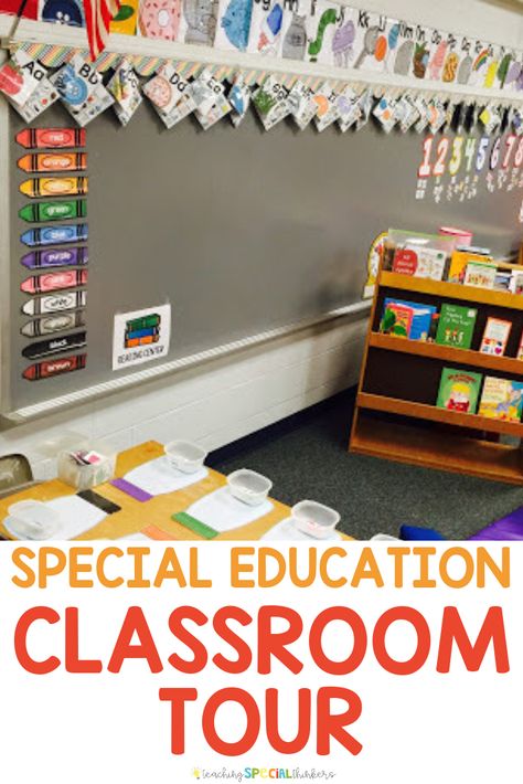 Need set-up ideas for your elementary special education classroom? This classroom tour is packed with photos and ideas for how to set up a space dedicated to your students needs. Lots of structure, visuals, and centers in this space. #backtoschool #classroomtour #elementaryspecialeducation Special Education Classroom Setup, Elementary Special Education Classroom, Asd Classroom, Special Education Ideas, Special Ed Classroom, Ed Classroom, Elementary Special Education, Classroom Tour, Life Skills Classroom