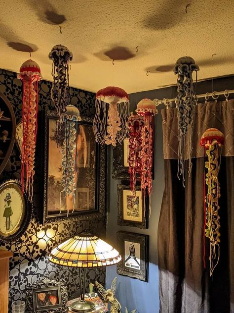 Whimsigoth Small Room, Posable Skeleton Ideas Inside, Crochet Jellyfish Room Decor, Diy Eclectic Wall Decor, Ceiling Craft Ideas, Maximalist Ocean Decor, Maximalist Whimsigoth Bedroom, Whimsical Ocean Bedroom, Chill Room Aesthetic Vintage