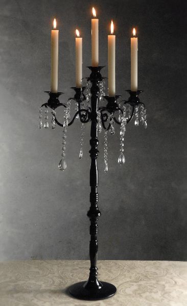 Black Taper Candelabra with Crystals 32" Candle Holder $52 each / 2 for $50 each     Beautiful black gloss metal candelabra that holds 5 taper candles.    Measure 31.75" tall x 15" wide.   Base is 6.75" wide  Stem is 29" tall.   5 - 2" x 3.5" candle cups  6- 2.75" long crystal (acrylic) drops   4- 5.5" long crystal drops Black Candelabra, Candelabra Wedding, Crystal Candelabra, Tall Candle Holders, Thrift Store Crafts, Goth Home Decor, Goth Home, Hanging Crystals, Gothic Home