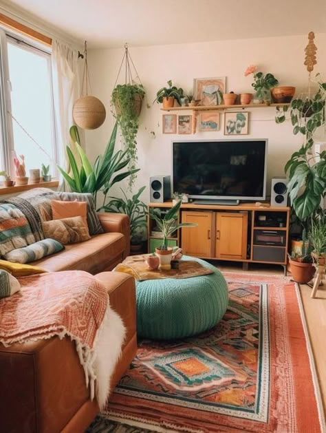 Bohemian Tv Room, Plants Above Tv, Above Tv Decor Living Rooms, Boho Tv Room, Small Living Room With Tv Ideas, Living Room With Tv Inspiration, Boho Living Room Tv Wall, Above Tv Wall Decor Living Room, Small Boho Living Room Ideas