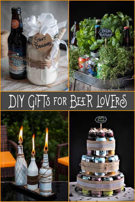 This compilation of DIY gifts for beer lovers has quite a few creative options you will enjoy putting together and they will enjoy receiving and using. Diy Beer Gifts, Beer Themed Gifts, Beer Garden Ideas, Beer Can Cakes, Beer Gifts Basket, Beer Crafts, Beer Advent Calendar, Beer Basket, Craft Beer Gifts