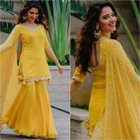 Yellow Sharara Suits to Make Your Haldi Ceremony Special - K4 Fashion Suit For Mehndi Function, Suits For Haldi Ceremony, Yellow Sharara Suits For Haldi, Yellow Dress For Haldi Function, Dress For Haldi, Dress For Haldi Function, Yellow Sharara Suits, Haldi Dress Ideas, Sarara Dress