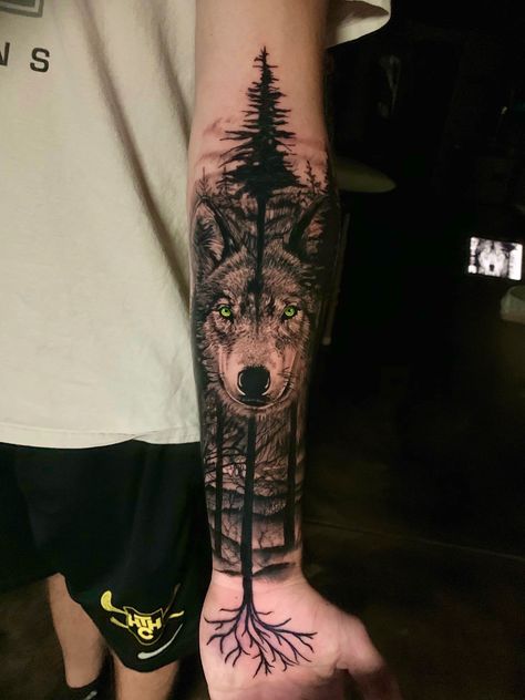 Woods Tattoo, Wolf In The Woods, Leg Band Tattoos, Forearm Cover Up Tattoos, Holy Spirit Tattoo, Wood Tattoo, Hope Tattoo, Half Sleeve Tattoos Forearm, Wolf Tattoos Men