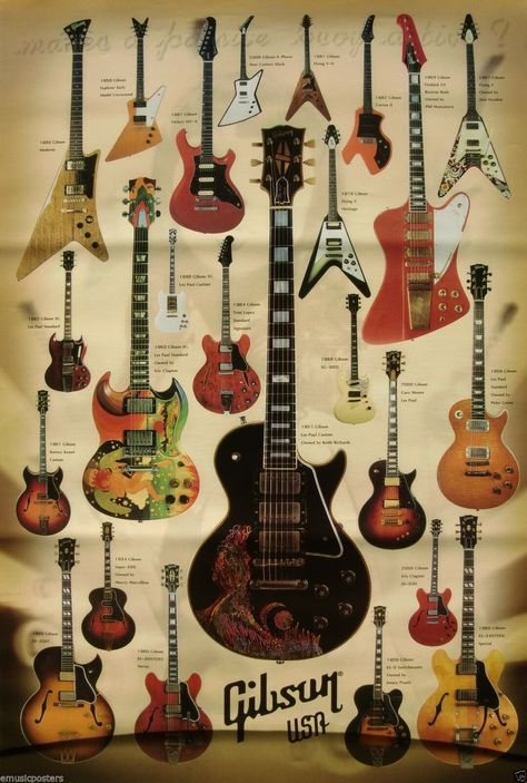 GUITARS POSTER 25 CLASSICS   Les Paul,Clapton,Hendrix,Keith Richards Vintage Guitars Acoustic, Famous Guitars, Best Guitar Players, Guitar Posters, Guitar Acoustic, Poster Music, Music Instrument, Musica Rock, Classic Guitar