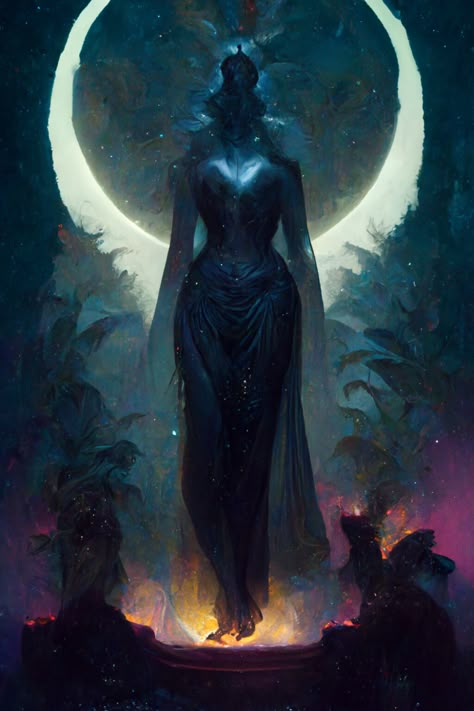 Goddess Of Night Art, Moon Deity Art, Shadow Goddess Fantasy Art, Dnd Moon Goddess, Moon Lady Art, Goddess Of Nightmares, Shadow Goddess Art, Universe Goddess Art, Alien Goddess Art