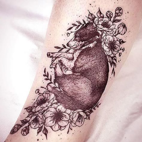 The pet is laid to rest in a beautiful bed of flowers. A truly poignant pet memorial tattoo. #pettattoo #memorialtattoos #tattoos Pet Memorial Tattoos, Memorial Tattoo Designs, Pet Memorial Tattoo, Pet Tattoos, 16 Tattoo, Dog Memorial Tattoos, Pawprint Tattoo, Dog Tattoo Ideas, Tattoo Thoughts