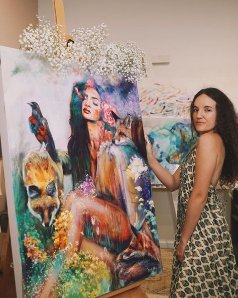 Dimitra Milan in her studio with her newest spring painting. Beautiful girl with foxes. Contemporary, woman fine artist. Branding Shoot Ideas, Dimitra Milan, Milan Art, Abstract Portraits, Mood Aesthetic, In Her Studio, Girl Artist, Christmas Bird, Kpop Drawings