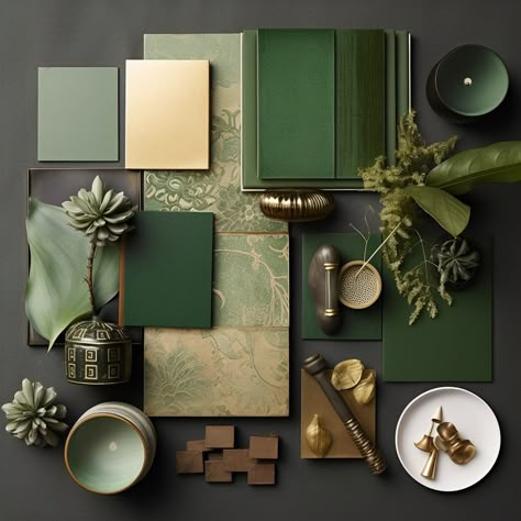 #interiordesign #interior #interiordesignideas #green #home #homedecorideas Green Interior Pallete, Green Interior Design Aesthetic, Modern Green Office Design, Home Green Decor, Green Gold Wood Interior, Elemental Interior Design, Green Office Colors, Green Gold Colour Palette, Green Material Board