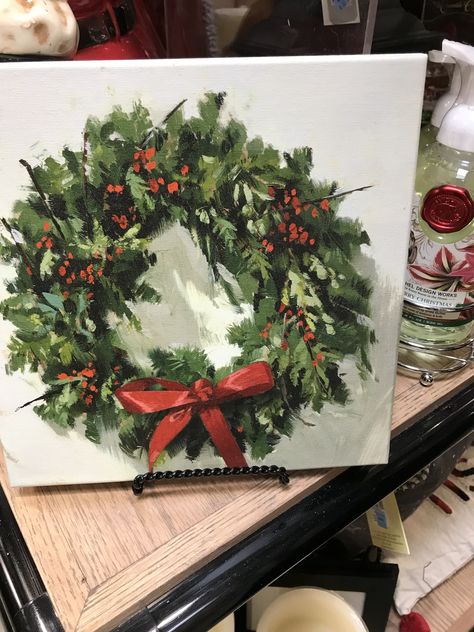 Vintage Christmas Paintings On Canvas, Christmas Painting Aesthetic, Xmas Paintings On Canvas Easy, Diy Christmas Art Canvases, Sparkle Painting, Christmas Oil Painting, Christmas Wreath Painting, Christmas Painting Ideas On Canvas, Christmas Paintings Ideas