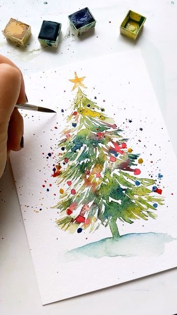 Watercolor Christmas Cards Diy, Painted Christmas Cards, Christmas History, Watercolour Christmas, Watercolor Christmas Tree, Learn Watercolor, Easter Decorations Ideas, Christmas Card Art, Diy Watercolor Painting