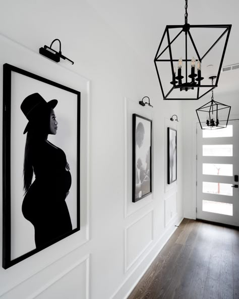 Post Image Hallway Ideas Pictures, Picture Entryway Ideas, Wall Art In Entryway, Large Pictures In Hallway, Large Wall Design Living Room, Entryway Photos, Foyer Ideas Entryway Family Photos, Long Hallway Picture Display, Entry Way Photo Wall Ideas