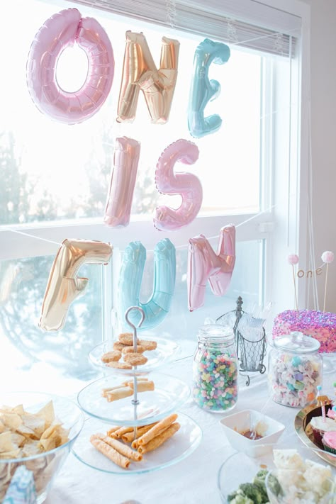 It’s Fun To Be One Birthday, 1st Birthday Colour Theme, Minimal One Year Birthday, Its Fun Being One Birthday, One Is Fun Birthday Theme, First B Day Party Ideas, Pastel One Year Old Birthday, Party Hearty Birthday, Colourful 1st Birthday Party