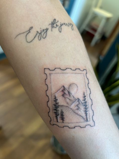 Mountain tattoo Mountain Tattoo Colorado, Alaskan Mountain Tattoo, Sawtooth Mountains Tattoo, Mountain Frame Tattoo, Colorado Rockies Tattoo, Montana Mountains Tattoo, Mountain Travel Tattoo, Vermont Mountain Tattoo, Wyoming Inspired Tattoos