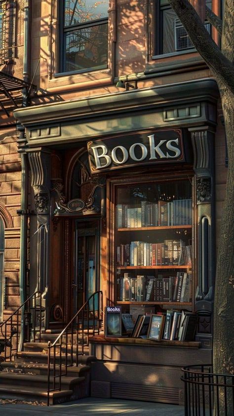 Old Bookstores Aesthetic, Apartment Above Bookstore, Old Bookshop Aesthetic, New York Vintage Aesthetic, New York Bookstore, Old Bookstore Aesthetic, Bookstore Exterior, Book Store Illustration, Cozy Bookstore Aesthetic