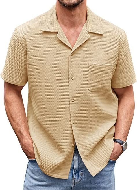 Beige Sky, Waffle Shirt, Suit Collar, Mens Holiday, Short Sleeve Pattern, Beach Tops, Loose Shirts, American People, Color Shorts