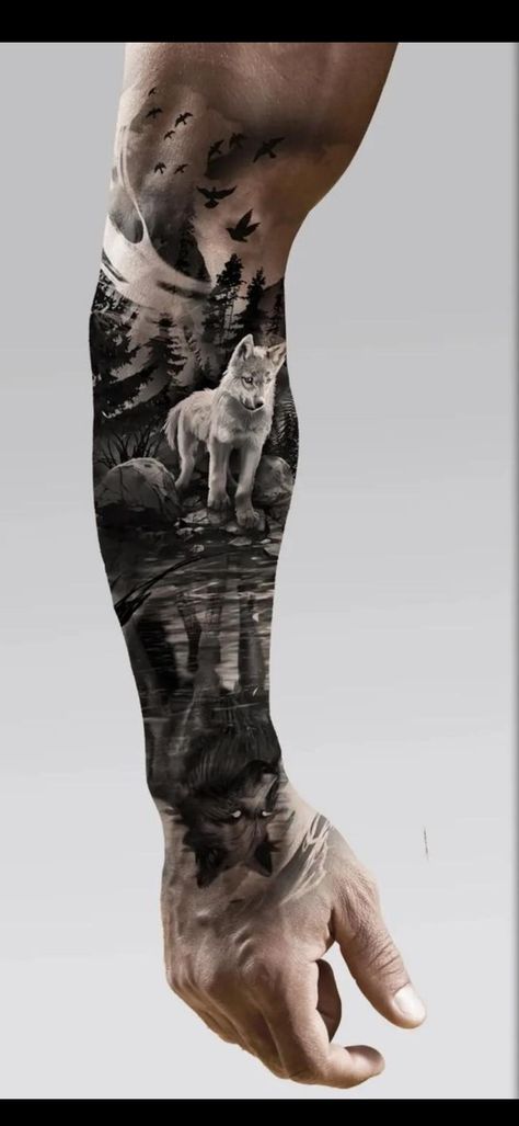 Leg Sleeve Tattoos For Guys Ideas, Wolf Theme Tattoo, Wolf Arm Tattoo Men, Mountain Half Sleeve Tattoo, Black Out Forearm Tattoo, Forest Sleeve Tattoo For Men, Nidhogg Tattoo, Animal Tattoos For Men Forearm, Wolves Tattoo Men