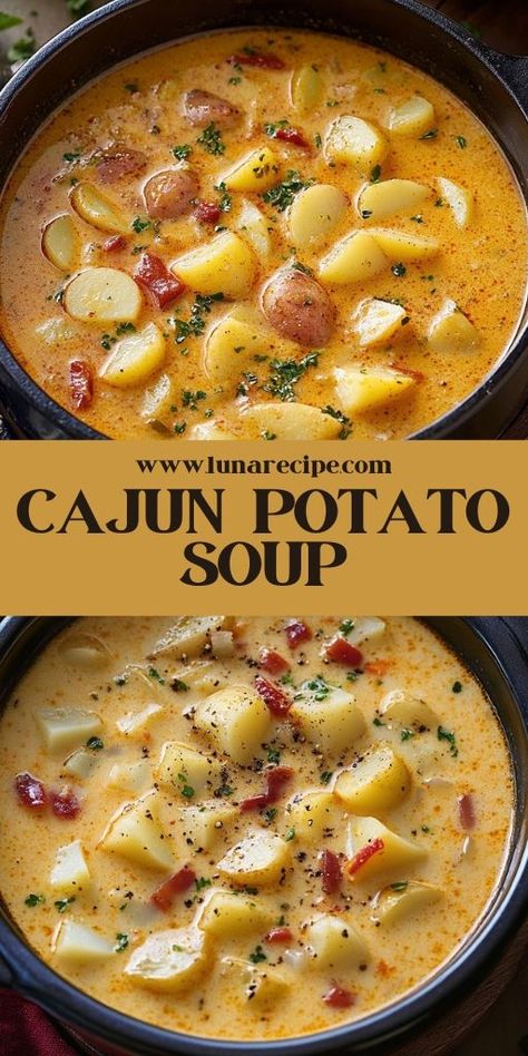 Warm up with this Creamy Cajun Potato Soup, packed with flavor and spice! This cozy dish is perfect for chilly nights and combines creamy potatoes with a kick of Cajun seasoning. It’s an easy-to-make, one-pot meal that’s ideal for family dinners or meal prep. Try it for a delicious and comforting soup with a hint of heat! Save this recipe now! 👉 #CajunPotatoSoup #ComfortFood #SoupSeason #SpicyRecipes #OnePotMeals #PotatoSoup #FallRecipes #FamilyMeals 🍲🥄 Quick Homemade Soup Recipes, Vegetarian Soup With Potatoes, Side Dish Soups, Cajon Food Recipes, Soups Using Potatoes, Good Easy Soup Recipes, Cozy Soups Recipes, Cajun Potato Soup Recipe, Crawfish Potato Soup