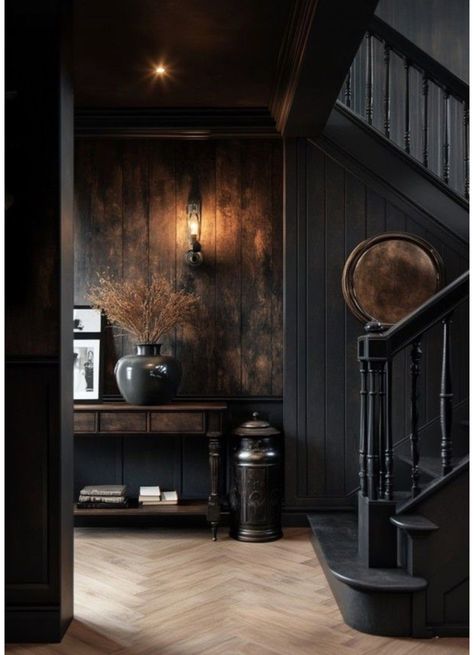 Dark Wall Light Floor, Deep Green Walls, Dark Hallway Ideas, Gothic Bathroom Ideas, Hallways Ideas, Checkerboard Floors, Dark Hallways, Dark And Moody Interiors, Hallway Design Ideas