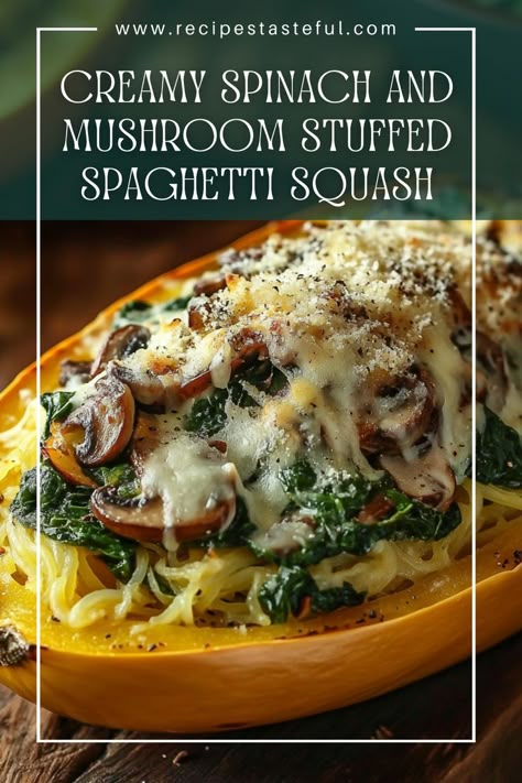 This creamy and delicious stuffed spaghetti squash is filled with a rich mixture of sautéed mushrooms, fresh spinach, and a blend of cheeses. It's a comforting main course or a hearty side dish that’s perfect for any occasion. Mushroom Spaghetti Squash, Mushroom Spaghetti, Spaghetti Squash Recipes Healthy, Spaghetti Squash Recipes Easy, Stuffed Spaghetti Squash, Mushrooms And Spinach, Creamy Spaghetti, Spinach And Mushrooms, Mushroom Stuffed