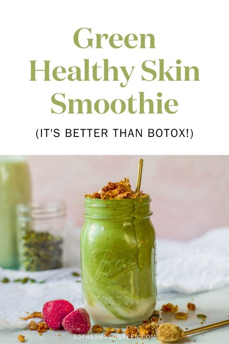 Green healthy skin smoothie recipes, it's better than botox! This creamy + delicious anti-aging green smoothie will improve the health + complexion of your skin while warding off wrinkles. #smoothie #greensmoothie Skin Smoothie Recipes, Healthy Skin Smoothie, Skin Smoothie, Anti Aging Smoothie, Best Green Smoothie, Smoothie Drink Recipes, Smoothie Detox, Superfood Smoothie, Baking Soda Shampoo