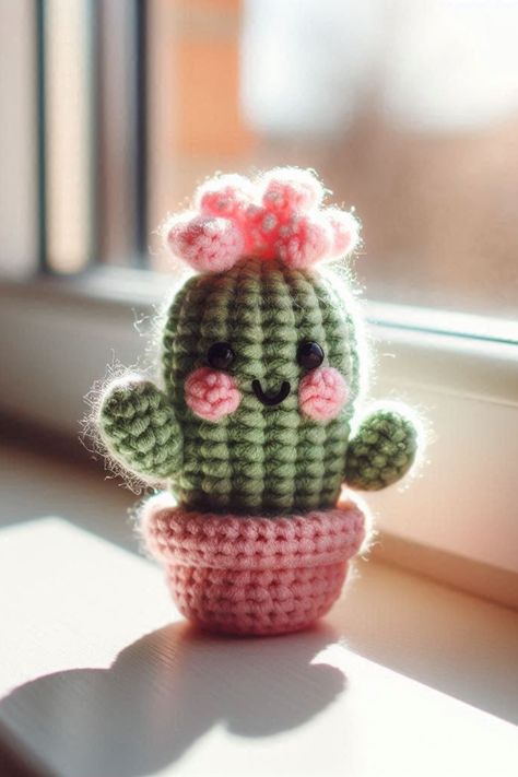 Amigurumi Home Decor, Crochet Cat Cactus, Crochet Cactus Amigurumi, Crochet Prickly Pear Cactus Free Pattern, Crochet Plant Amigurumi Free Pattern, Crochet Projects With Green Yarn, Crochet Aloe Vera Pattern Free, Crochet Patterns Plants, Amigurumi Free Pattern Mini