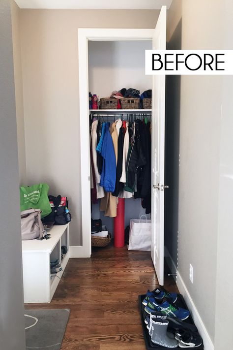 Coat Closet Design, Organizing Bedrooms, Aliexpress Makeup, Coat Closet Storage, Hall Closet Organization, Closet Storage Solutions, Small Coat Closet, Front Hall Closet, Narrow Closet