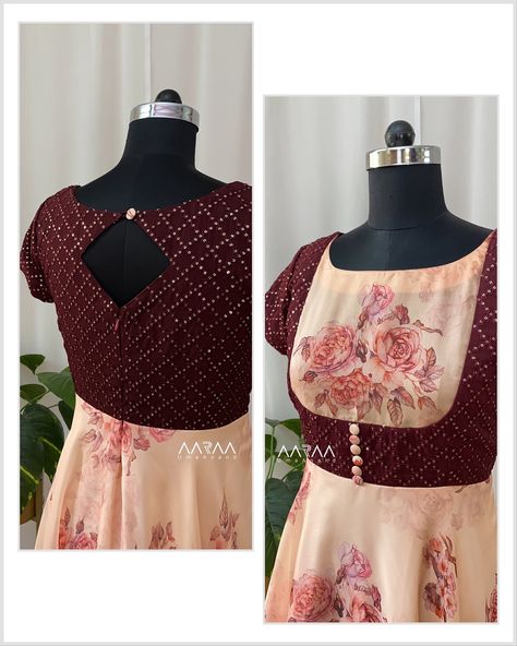 Customised chiffon gown with embroidered yoke. Flowy, chick , subtle yet vibrant. Hands Designs For Kurtis, Back Neck Designs For Kurtis, Dress Designs For Stitching, Silk Saree Blouse Designs Patterns, Simple Long Dress, Women Dresses Casual Summer, Stylish Kurtis Design, Kids Blouse Designs, Long Gown Design