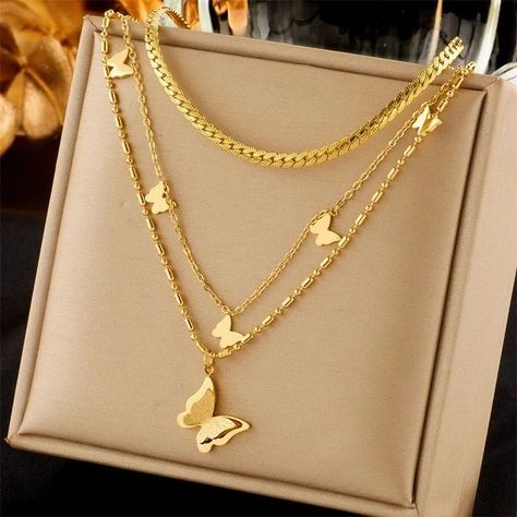 #necklaces Jewelries For Women, Unique Gold Necklace, Eye Butterfly, Butterfly Moon, Girls Choker, Necklace Chain Types, Color Butterfly, Choker Chain, Lock Necklace