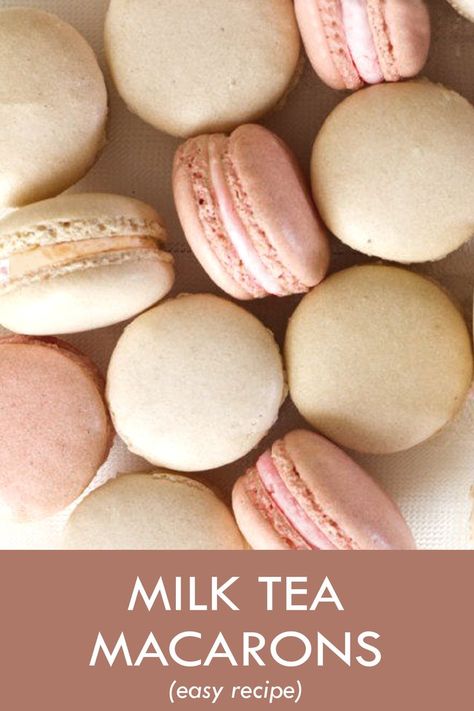 Milk Tea Macarons Recipe Thai Tea Macarons, Tea Macarons, Boba Macaron, French Cookies, Macaron Filling, Macaron Flavors, Afternoon Tea Recipes, Tea Cookies, Macaroon Recipes