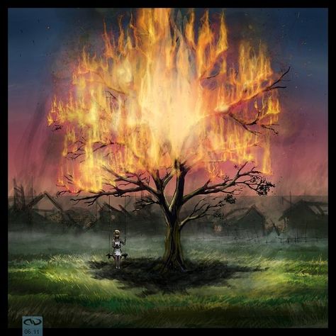 burning tree Tree On Fire Painting, Burning Tree Aesthetic, Fire Tree Art, Burning Bush Painting, Burning Tree Drawing, Tree On Fire Drawing, Burning Tree Tattoo, Tree Burning, Burning Artwork