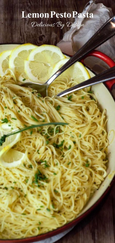 Lemon lovers venture into new flavors of Italian food with this light, and delicately flavored Creamy Lemon Pesto over angel hair pasta. This zesty sauce is made from simple ingredients mixed with reserve pasta water makes a creamy, silky sauce with unbelievable flavor. Angel Hair Pasta Primavera, Lemon Herb Pasta, Lemon Pesto Pasta, Lemon Basil Pasta, Pasta With Lemon, Lemon Pesto, Zesty Sauce, Pasta Water, Pasta Primavera