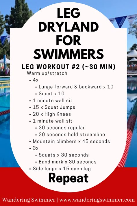 You don't need a kick set in the pool to work your legs. This workout will get your legs burning and your heart rate up! Leg Workouts For Swimmers, Swimming Dry Land Workouts, Lifeguard Workout Training, Swimming Land Training, Swim Workout Dryland, Land Training For Swimmers, Exercise For Swimmers, Swimming Dryland Workout Exercises, Dry Land Workouts For Swimmers